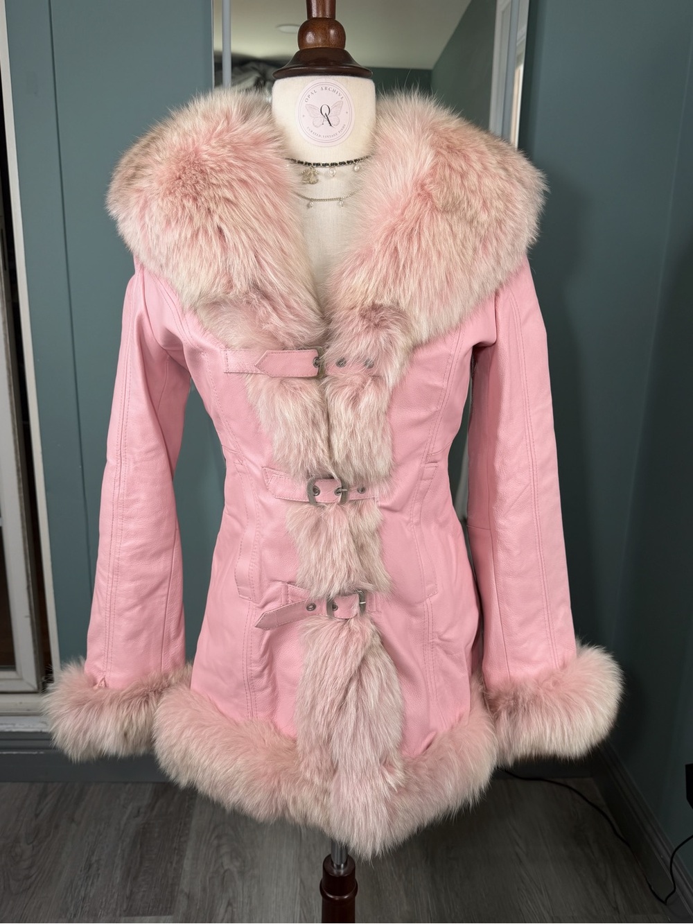 Vero Moda Pink Genuine Leather Jacket Oversized Fox Fur Trim Fitted Coat XS/S